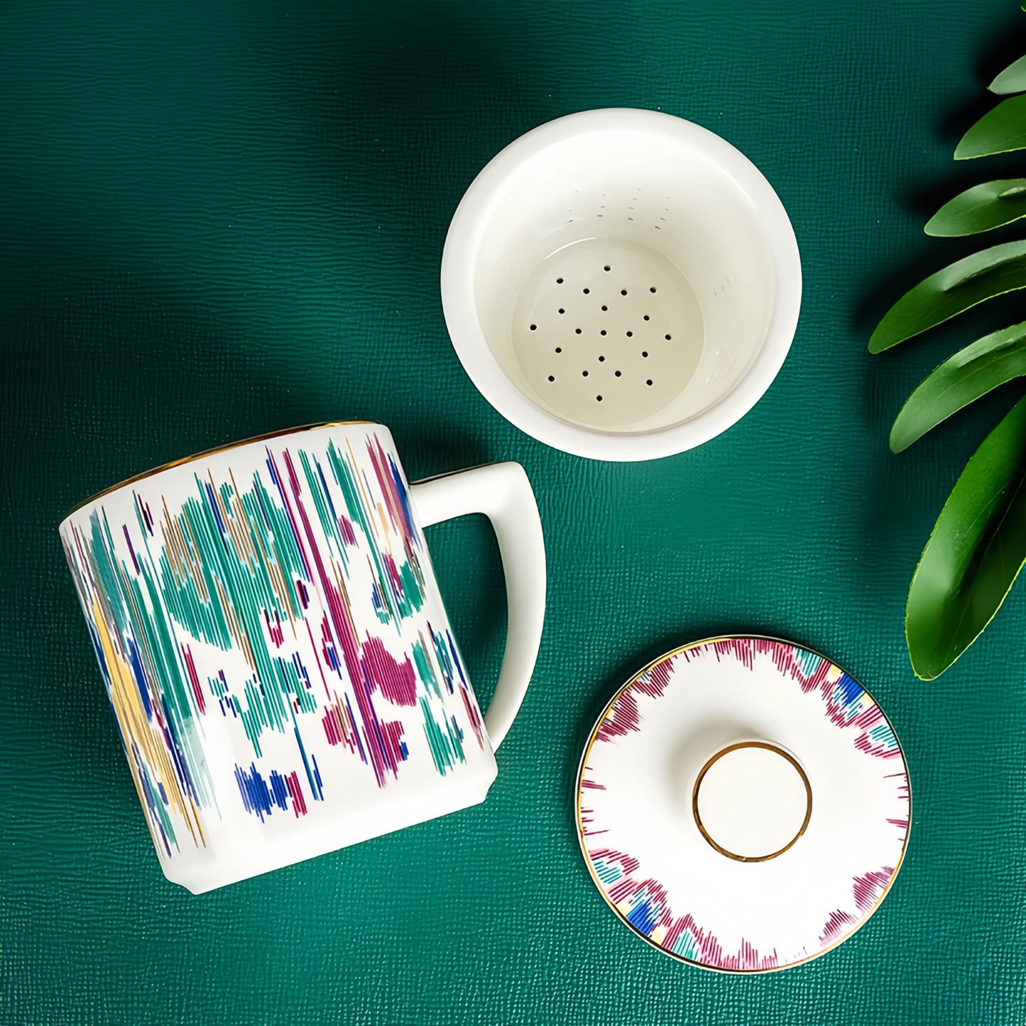 detail, YUNGPING Artistic Lens Fine Bone China Infuser Tea Mug, 3-Piece, styled for a casual afternoon tea.