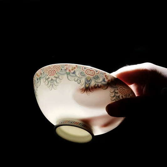 A close-up of YUNGPING Splendid Bouquet bone china product against light to display exceptional translucency and 45% bone ash content