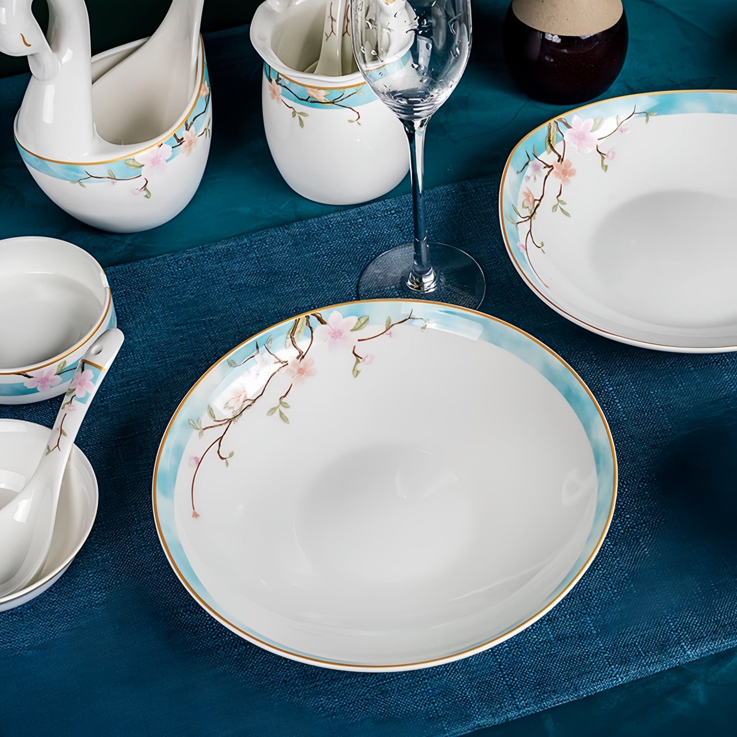 YUNGPING Peach Blossom Veil2 Fine Bone China Dinnerware Set, Close-up detail