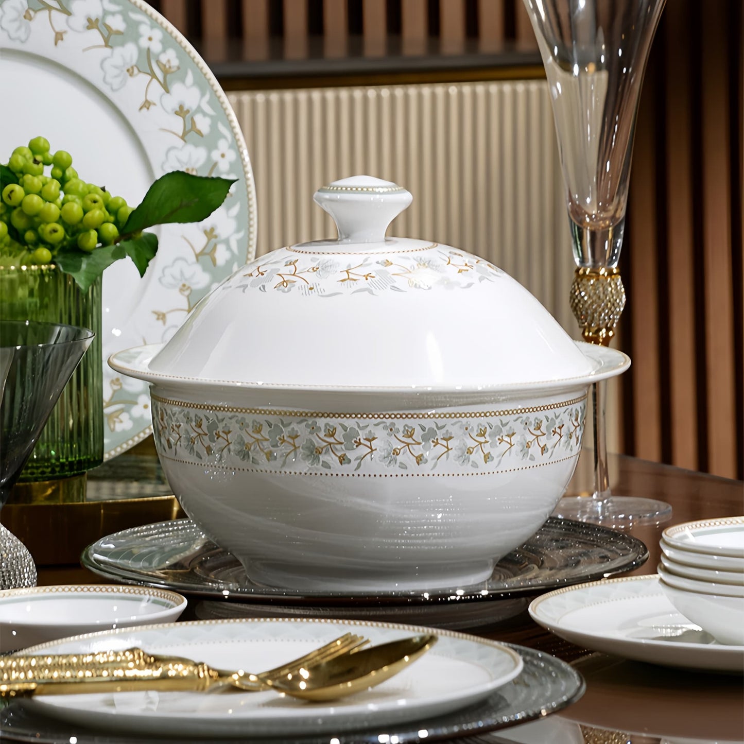 Decorative white tureen with gold floral patterns on a table setting. YUNGPING Prairie Bloom Fine Bone China Dinnerware Set, Close-up detail