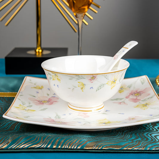 Decorative floral bowl and plate set on a decorative tablecloth with a blurred background, YUNGPING Spring Bloom Breeze Fine Bone China Dinnerware Set, Close-up detail