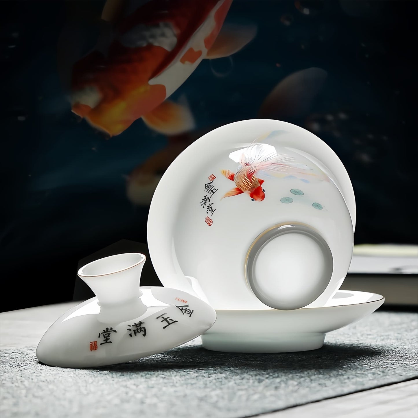 White ceramic teacup and saucer set with goldfish design,  YUNGPING Abundant Fortune Icy Jade Porcelain Kunfu Tea Set, 10-Piece