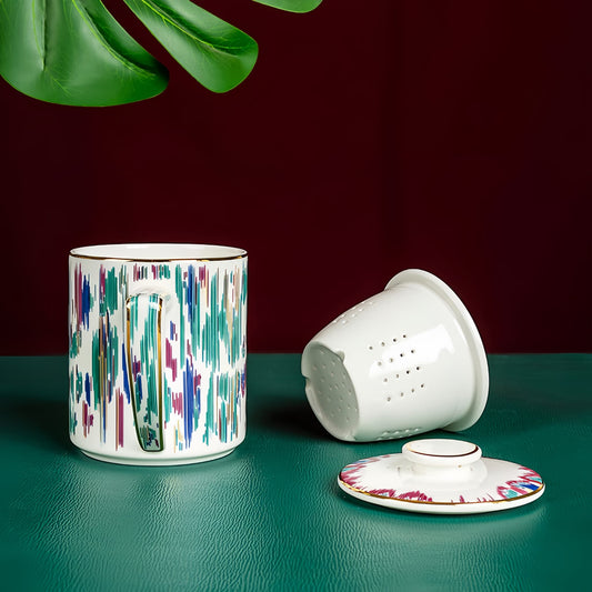 inside, YUNGPING Artistic Lens Fine Bone China Infuser Tea Mug, 3-Piece, styled for a casual afternoon tea.