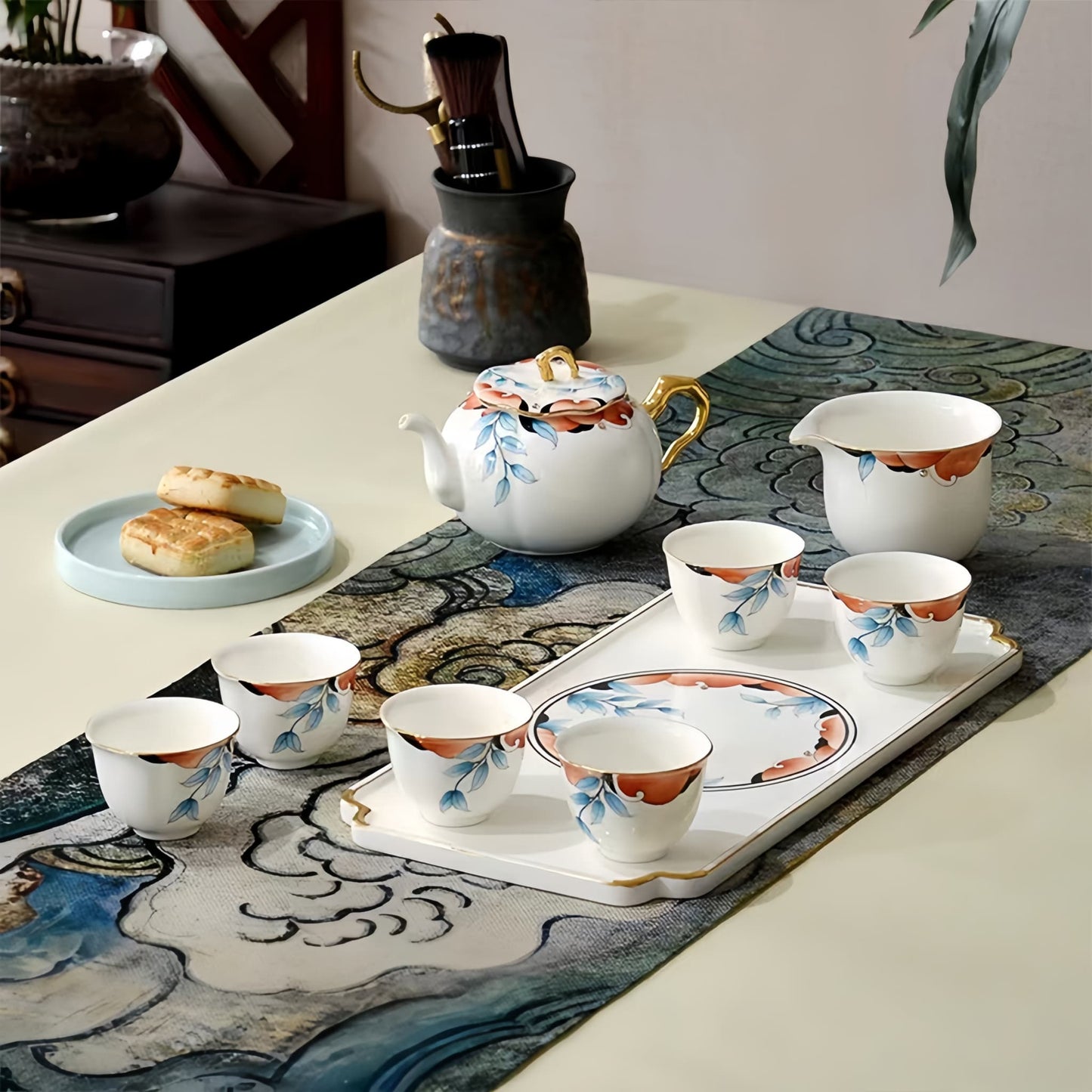 Tea set with teapot and cups on a table, YUNGPING Autumn Garden Memory Fine Bone China Tea Set