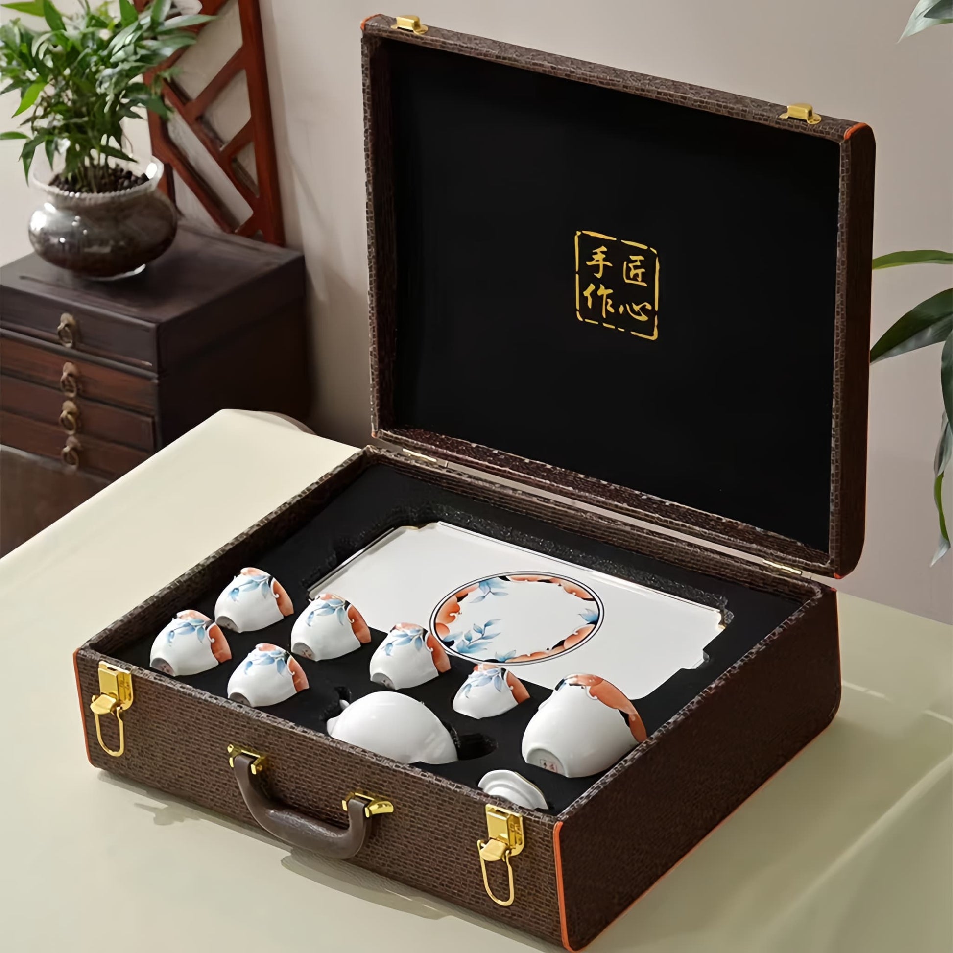 YUNGPING Autumn Garden Memory Fine Bone China Tea Set, securely packed in a gift box
