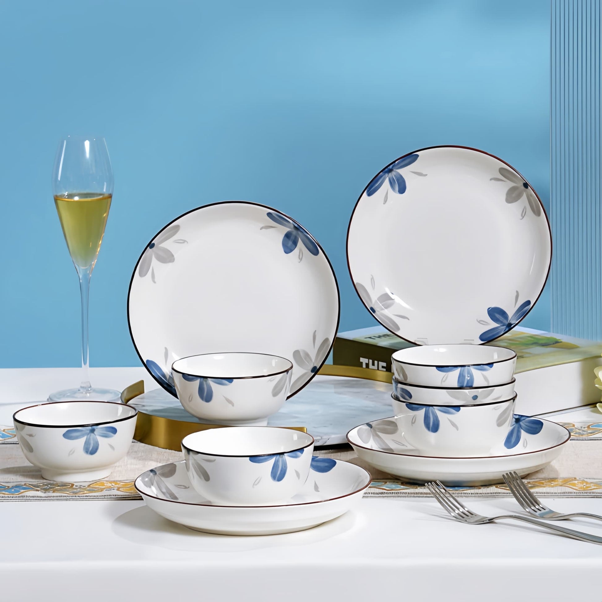 Ceramic dinnerware set with blue floral patterns on a table, YUNGPING Azure Future Everyday Ceramic Dinnerware Set, 10-Piece