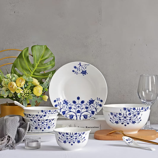 YUNGPING Azure Grace Fine Bone China Dinnerware Set, 14-Piece, styled on an elegant dining table for formal hosting and special occasions.