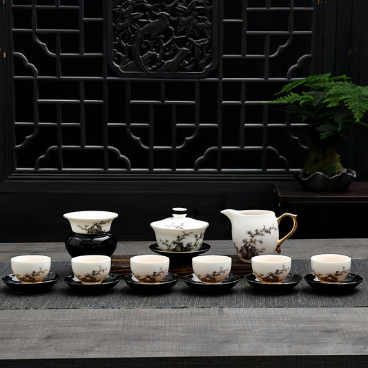 Tea set with ceramic teapot and cups on a dark surface with decorative, YUNGPING Bamboo Shadow Taihu Jade Cream Porcelain Gaiwan, 16-Piecebackground