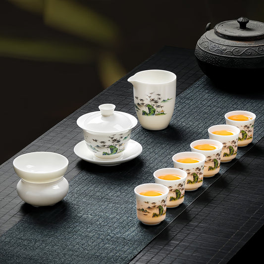 YUNGPING Bamboo Shadow TeaHouse Jade Cream Porcelain Kunfu Tea Set, 10-Piece