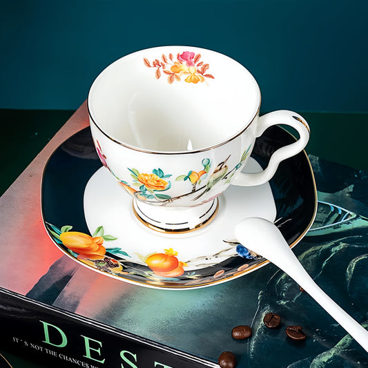 YUNGPING Blissful Manor Fine Bone China Coffee Cup & Saucer, 3-Piece, styled for a casual afternoon tea.