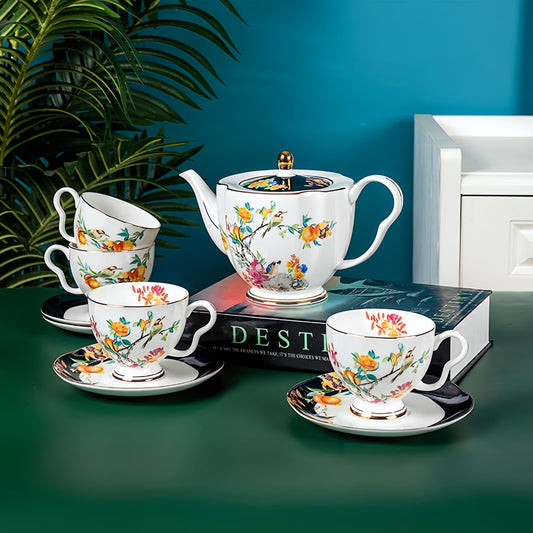 YUNGPING Blissful Manor Fine Bone China Coffee Cup Set, 9-Piece, styled on a table for a casual afternoon tea.