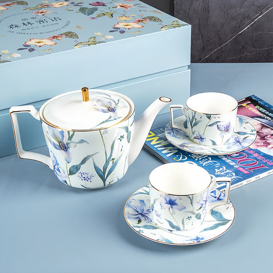 YUNGPING Blossom Midsummer(Blue) Fine Bone China Coffee Cup Pair, 5-Piece, styled on an elegant dining table for a casual afternoon tea.
