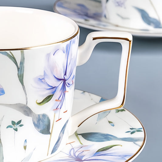 YUNGPING Blossom Midsummer(Blue) Fine Bone China Coffee Cup & Saucer, 2-Piece, styled for a casual afternoon tea.