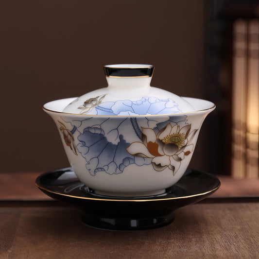 YUNGPING Blue Lotus Jade Cream Porcelain Gaiwan, 1-Piece