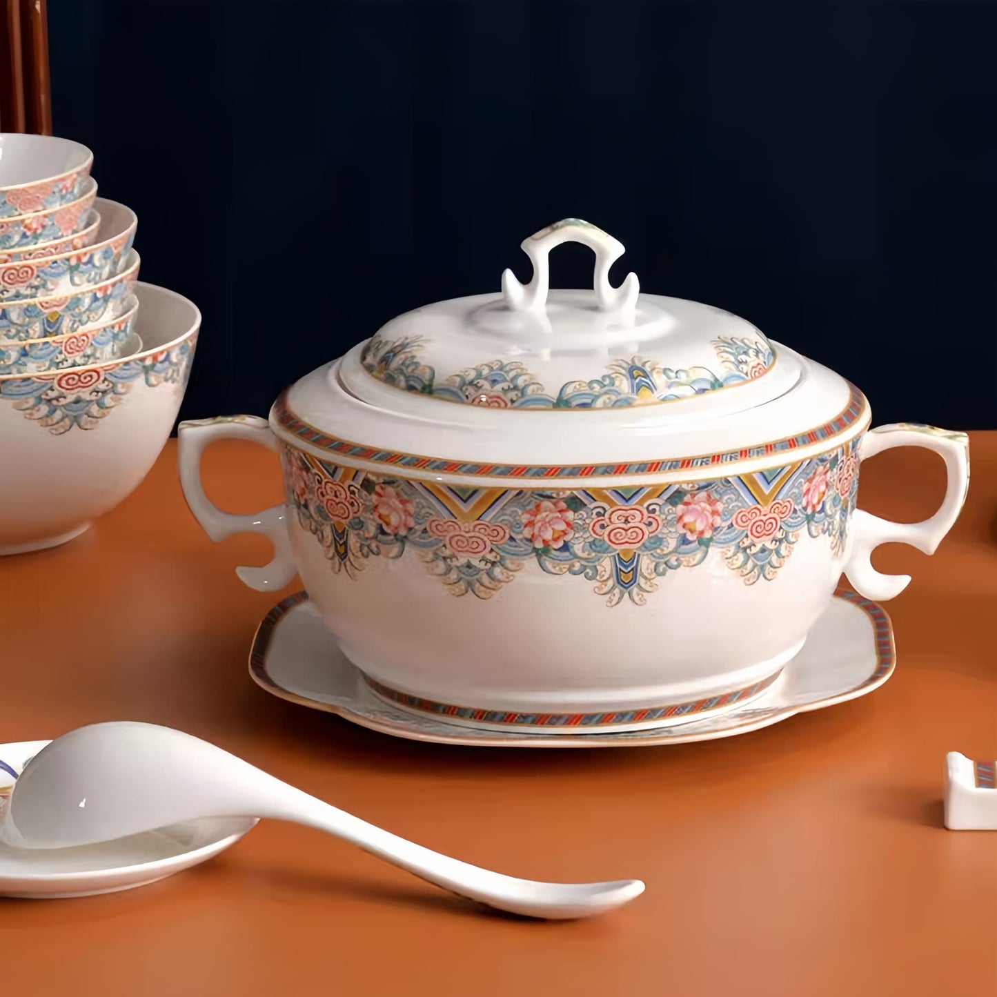 YUNGPING Brocade Floral Cluster Fine Bone China Dinnerware Set, Close-up detail
