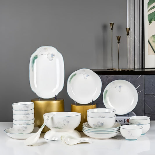 YUNGPING Elegant Pistil Everyday Porcelain(New Bone China) Dinnerware Set, 29-Piec