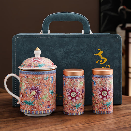 Set of floral-patterned ceramic containers, YUNGPING Enamel Treasure Jade Cream Porcelain Kungfu Tea Cup&Caddy, 5-Piece