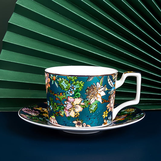YUNGPING Verdant Garden Fine Bone China Coffee Cup & Saucer, 2-Piece, styled for a casual afternoon tea.