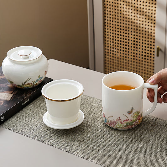 YUNGPING Floral Tea Talk Jade Cream Porcelain Kungfu Tea Cup&Caddy, 4-Piece