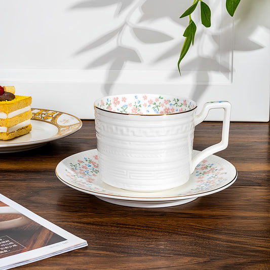 YUNGPING Full Bloom Fine Bone China Coffee Cup, 2-Piece, styled for a casual afternoon tea.