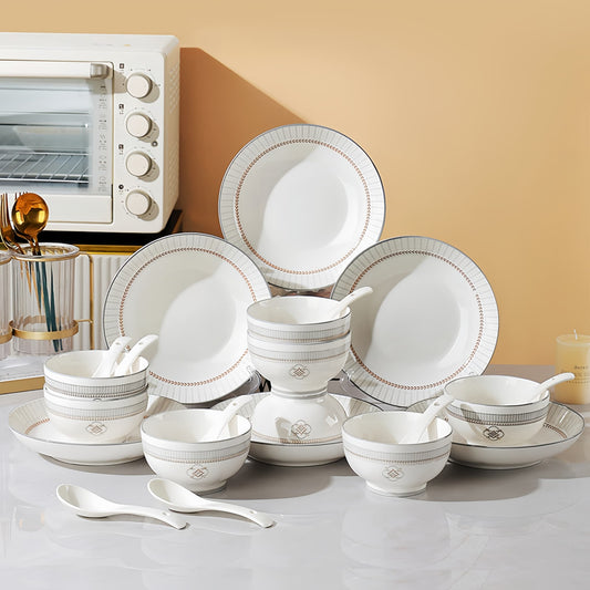 Set of white ceramic dinnerware with decorative patterns on a kitchen, YUNGPING Galaxy Everyday Ceramic Dinnerware Set, 22-Piece.