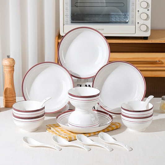 Ceramic dinnerware set with red stripes on a kitchen counter. YUNGPING Futura Everyday Ceramic Dinnerware Set, 16-Piece