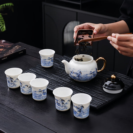 YUNGPING Gilded Mountains Jade Cream Porcelain Kungfu Tea Set, 7-Piece