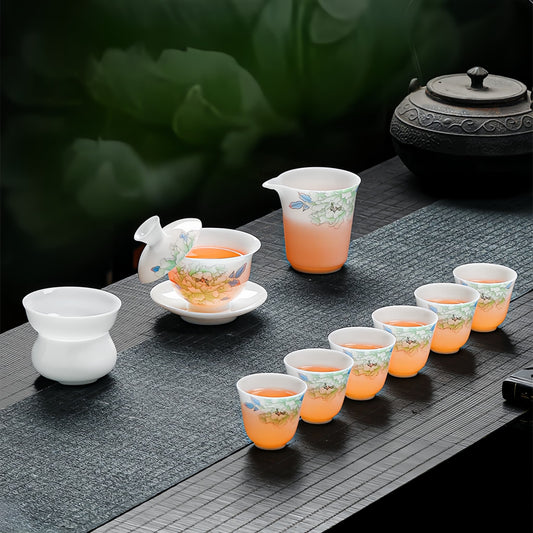 YUNGPING Imperial Peony Icy Jade Porcelain Kunfu Tea Set, 10-Piece,