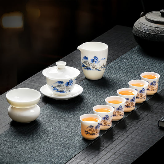 YUNGPING Landscape Homestead Jade Cream Porcelain Kunfu Tea Set, 10-Piece