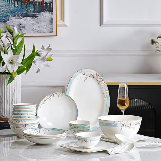 YUNGPING Peach Blossom Veil Fine Bone China Dinnerware Set, 29-Piece, styled on an elegant dining table for formal hosting and special occasions.