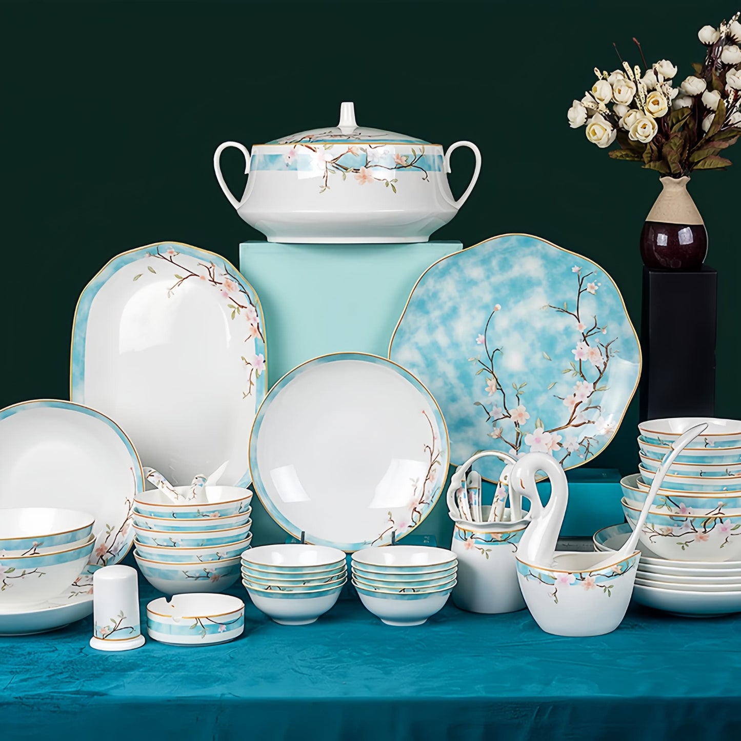 YUNGPING Peach Blossom Veil2 Fine Bone China Dinnerware Set, 54-Piece, styled on an elegant dining table for formal hosting and special occasions.