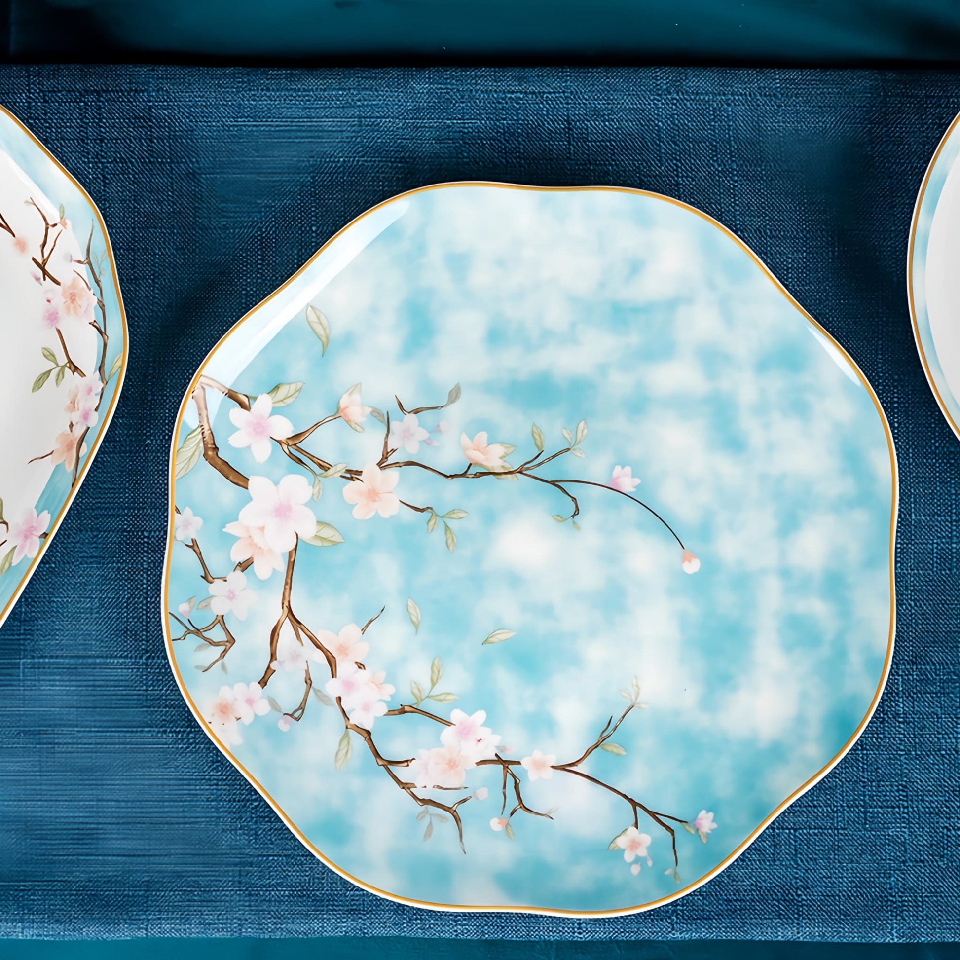 Decorative plate with floral design on a blue fabric background, YUNGPING Peach Blossom Veil2 Fine Bone China Dinnerware Set, Close-up detail