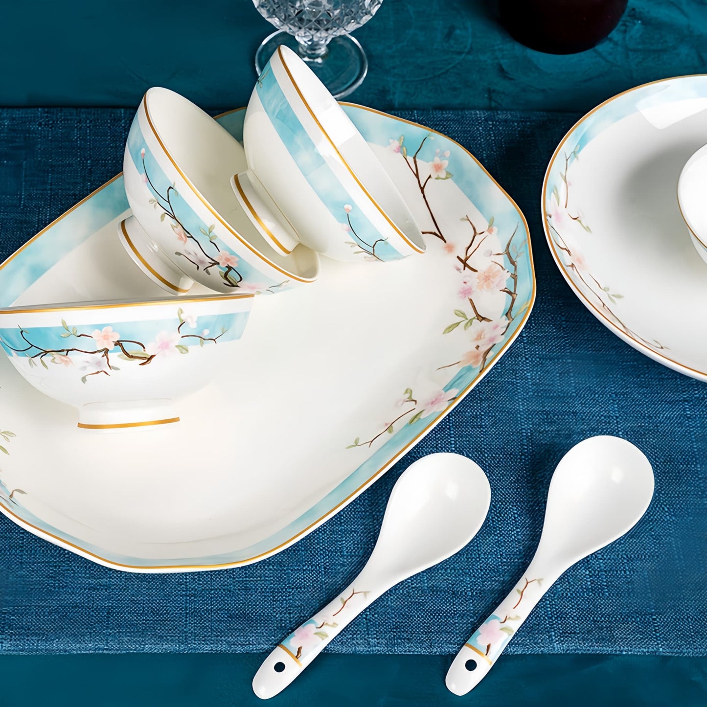 YUNGPING Peach Blossom Veil2 Fine Bone China Dinnerware Set, Close-up detail