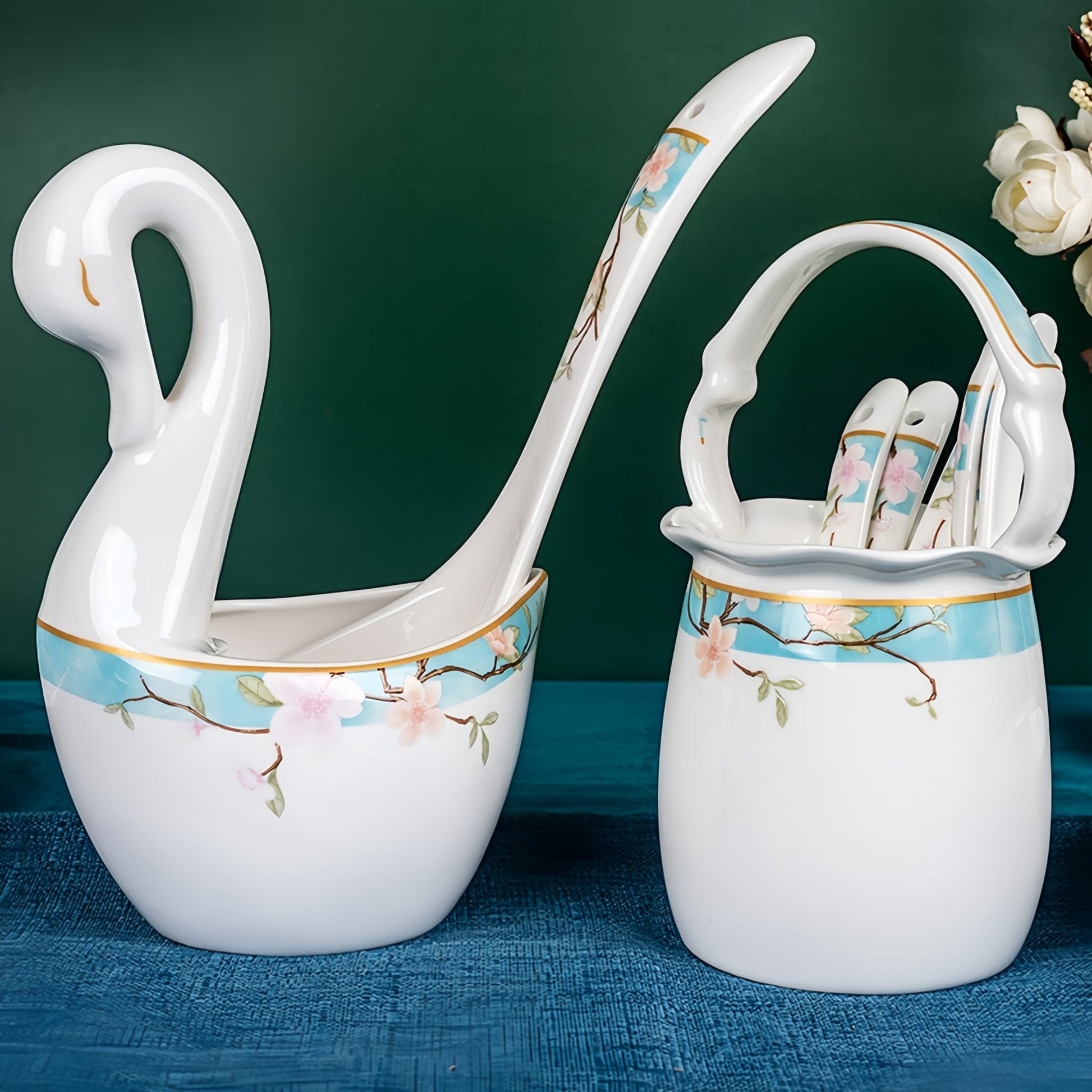 bone china swan-shaped ladle and container with floral design on a green and blue background, YUNGPING Peach Blossom Veil2 Fine Bone China Dinnerware Set, Close-up detail
