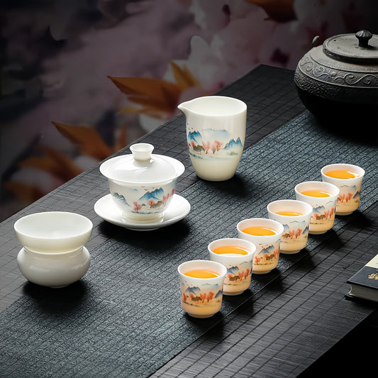 YUNGPING Peach Garden Landscape Jade Cream Porcelain Kunfu Tea Set, 10-Piece