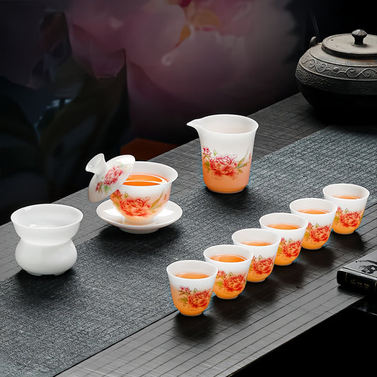 YUNGPING Peony King Icy Jade Porcelain Kunfu Tea Set, 10-Piece
