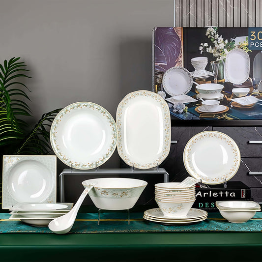 YUNGPING Prairie Bloom Fine Bone China Dinnerware Set, 30-Piece, styled on an elegant dining table for formal hosting and special occasions.