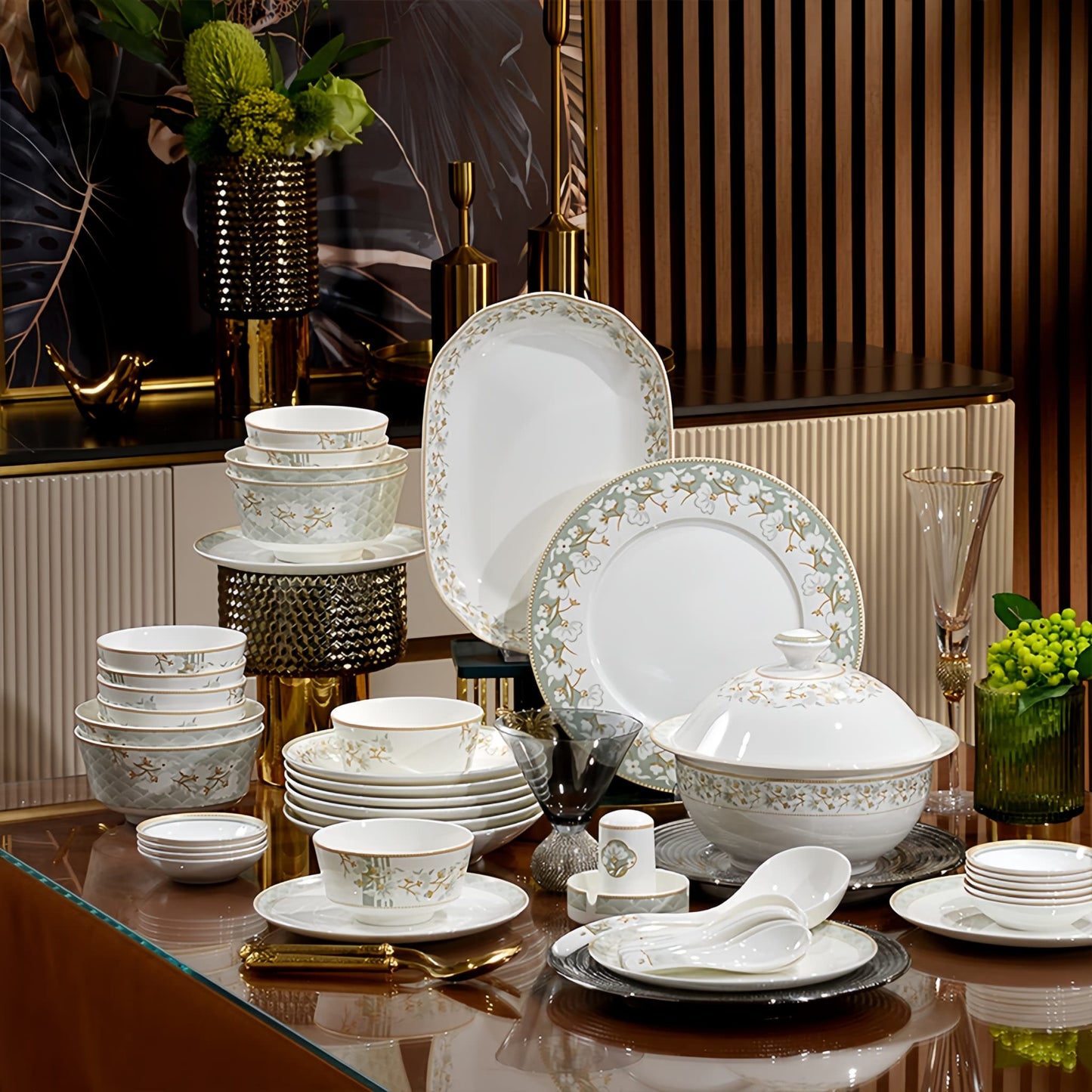 YUNGPING Prairie Bloom2 Fine Bone China Dinnerware Set, 50-Piece, styled on an elegant dining table for formal hosting and special occasions.