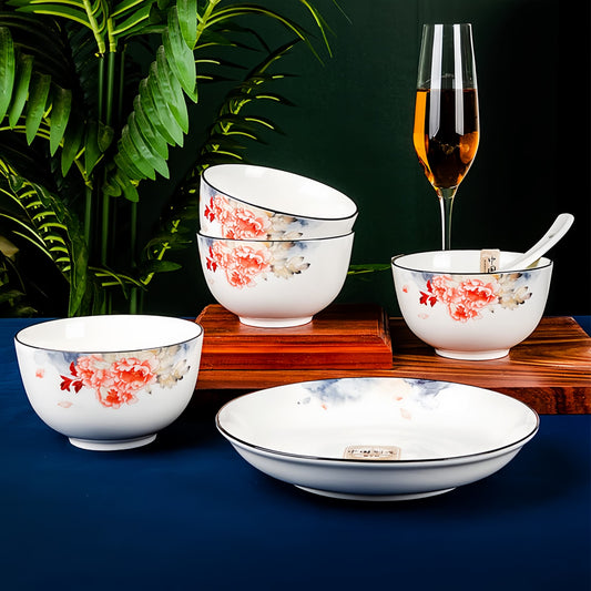 Set of potcelain bowls with floral design on a wooden stand against a dark background. YUNGPING Royal Peony Everyday Porcelain(New Bone China) Dinnerware Set, 12-Piece