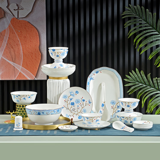 dinnerware set with floral patterns on a decorative table. YUNGPING Spring Symphony Fine Bone China Dinnerware Set, 30-Piece, styled on an elegant dining table for formal hosting and special occasions.
