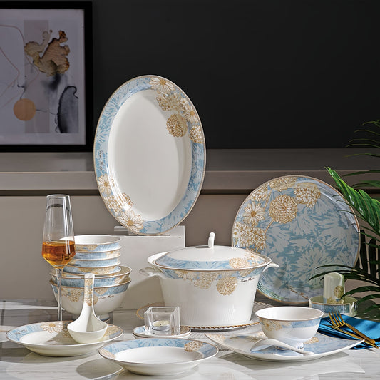 Dining table set with floral-patterned ceramic plates, bowls, and a wine glass on a neutral background. YUNGPING Timeless Stroll Fine Bone China Dinnerware Set, 50-Piece, styled on an elegant dining table for formal hosting and special occasions.