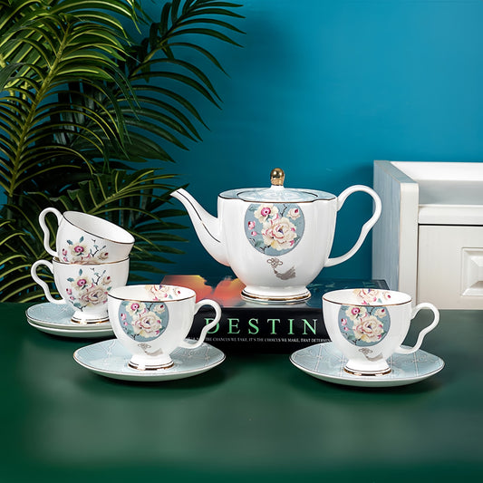  YUNGPING Urban Garden Fine Bone China Coffee Cup Set, 9-Piece, styled on a casual afternoon tea setting with pastries and fresh fruits.