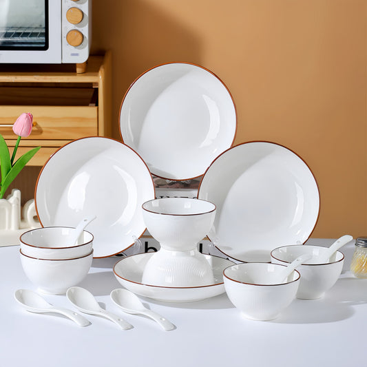 Set of white ceramic dinnerware with brown rim on a table, YUNGPING Wild Goose & Waves Everyday Ceramic Dinnerware Set, 16-Piece